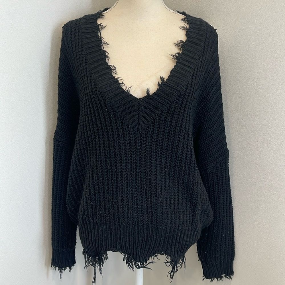 Cold Shoulder Deep V Neck distressed Fringed Sweater